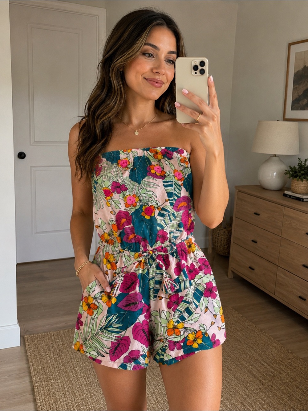 TAJ by Sabrina Crippa Floral Strapless Romper in Pink, Teal, Green